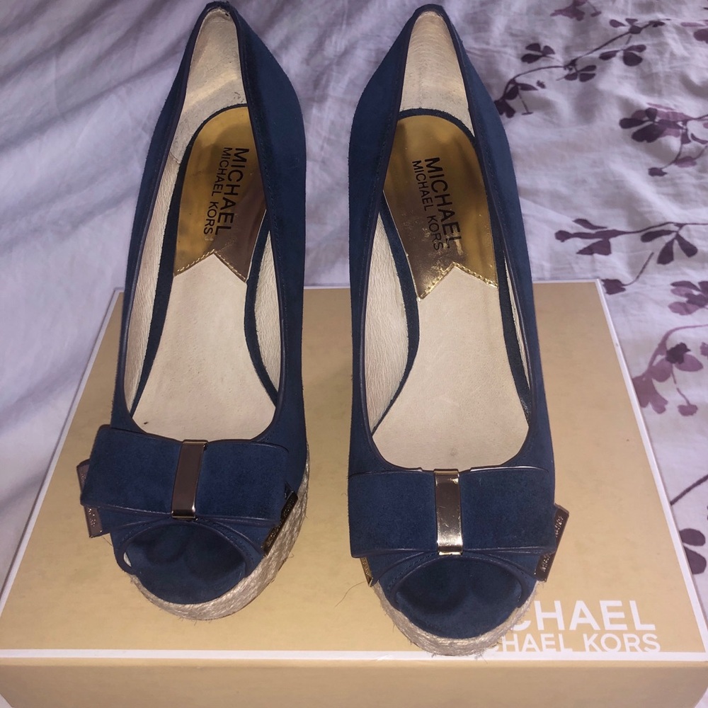 Michael Kors suede navy wedges with bow detail